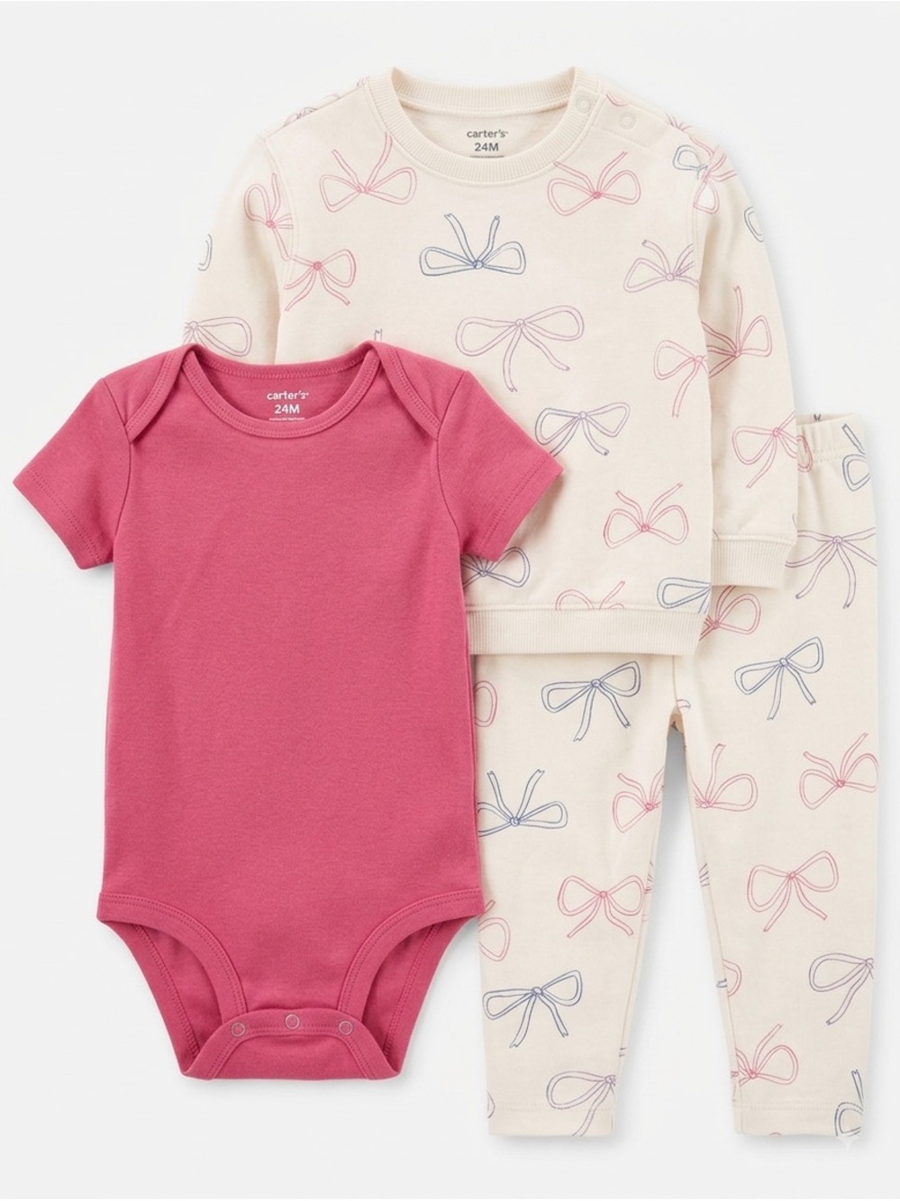 Carter's Rose Pink Bodysuit with Cream Bow-Print Top & Leggings Set